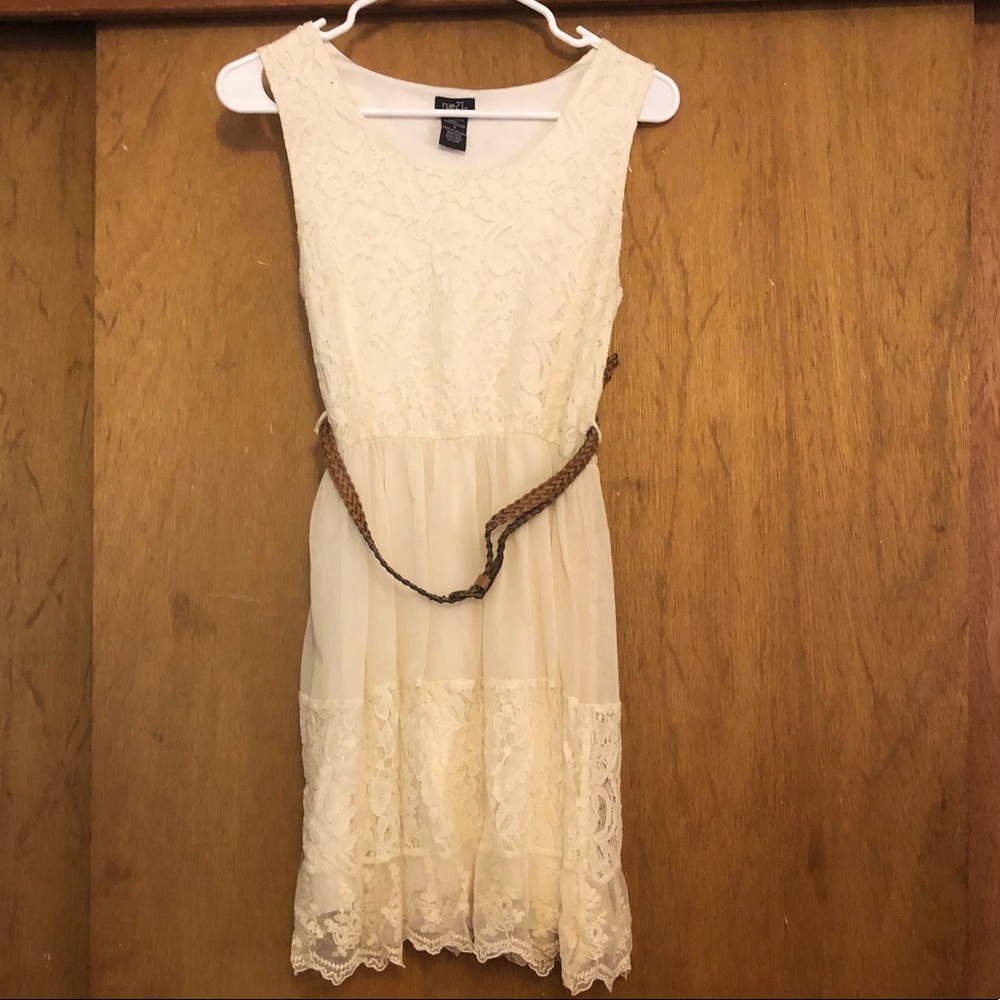 (5 items for $5 each) White lace dress with brown braided belt